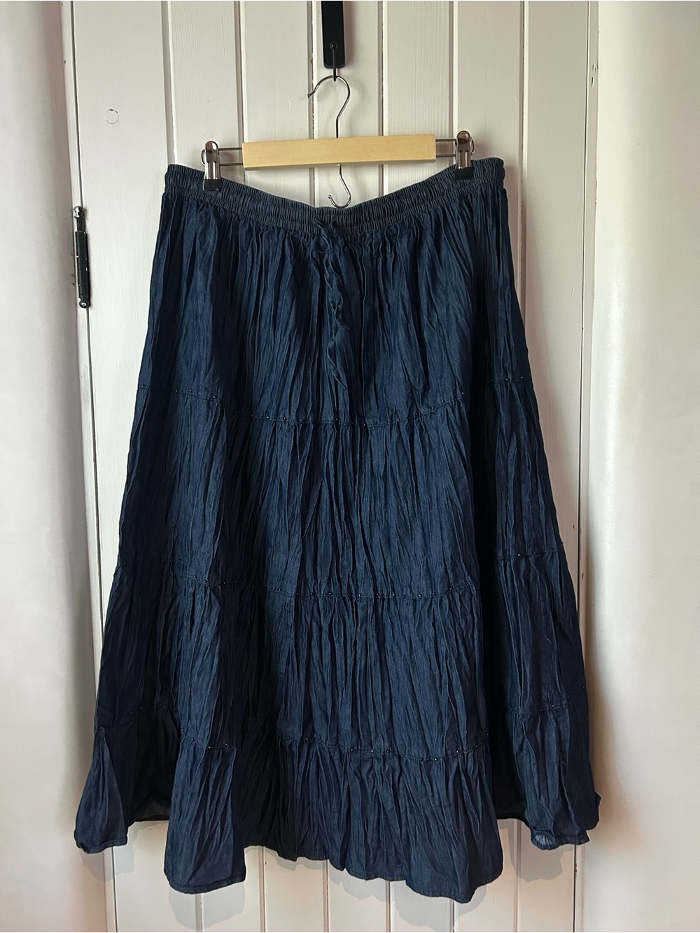 Denim Beaded Crinkle Tiered Skirt